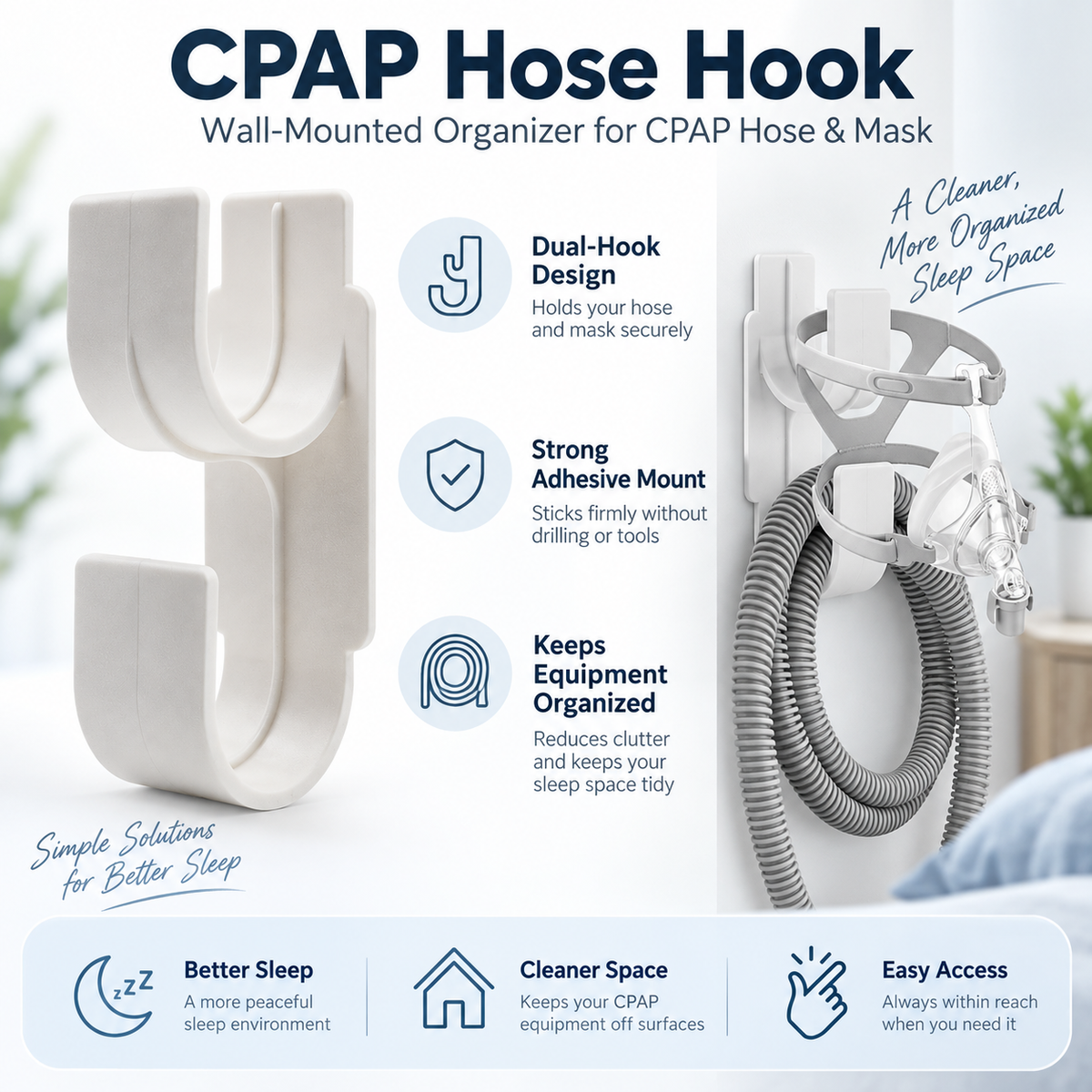 CPAP Hose & Mask Wall Hook – White Organiser
