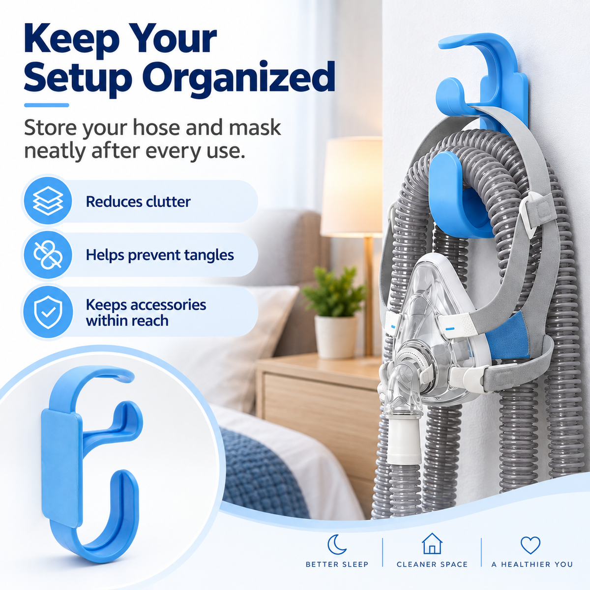 CPAP Hose & Mask Wall Hook – Blue Organiser